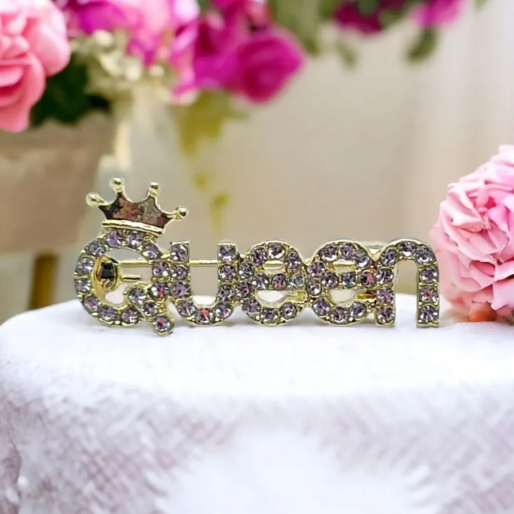 Queen Crown Rhinestone Brooch Gold CZ Statement Pin Birthday Glam Bridal Sparkle